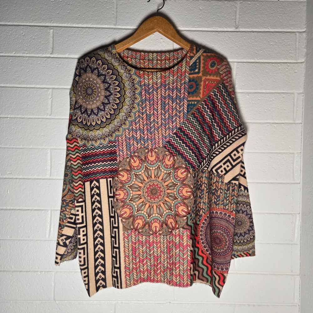 Yesno Patchwork Mandala Knit Sweater 2XL Cotton Wool Blend‎ Boho Art Wear Hippie